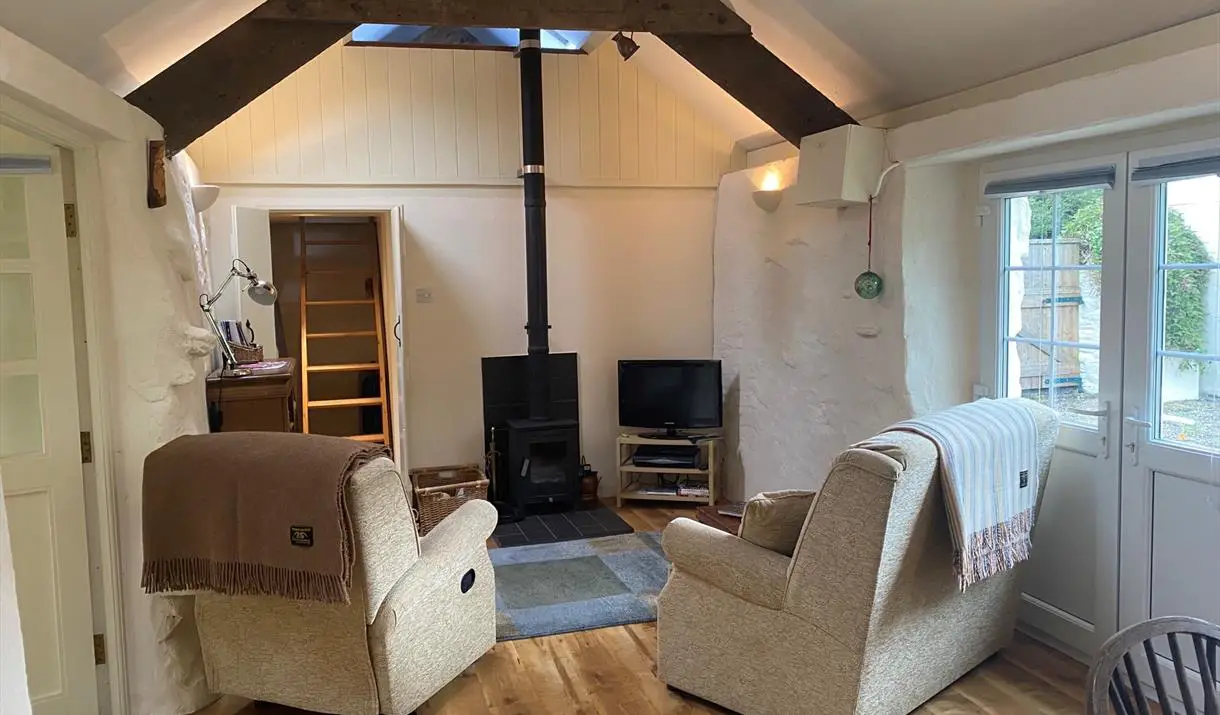 Cosy living room with wood burning stove and vaulted ceiling